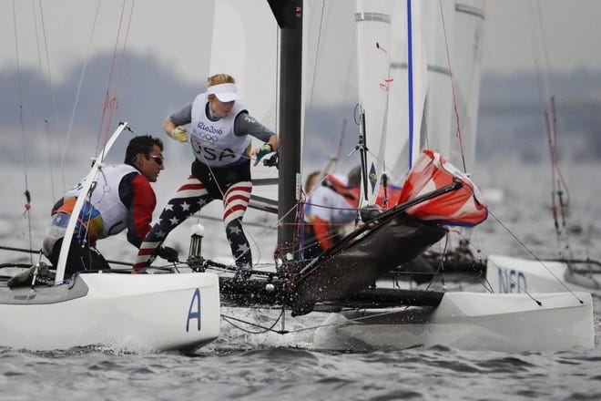 Bora Gulari, left, and Louisa Chafee compete during the Nacra 17 mixed at the 2016 Summer Olympics in Rio de Janeiro, Brazil, on Wednesday.