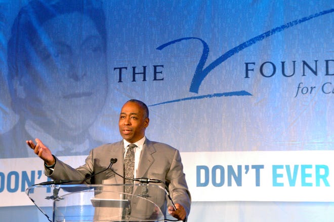In this file photo, John Saunders of ESPN address more than 800 people that attended the 7th Annual Dick Vitale Gala to raise money throught The V Foundation for Cancer Research. The event is expected to raise over one million dollars. May 18, 2012;