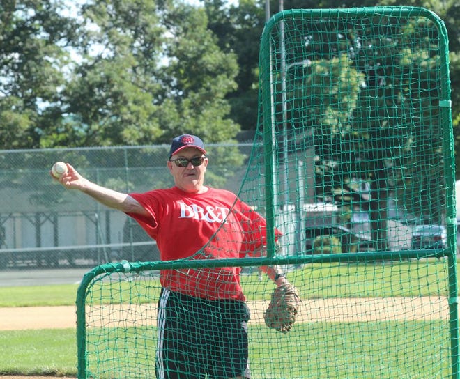 Tod Barkdoll delivers a pitch during Wednesday's Ol' Boys Baseball Game.