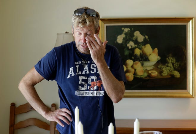 Steve Knowlton wipes his eyes as he talks about his mother Mary Knowlton during an interview Wednesday, Aug. 10, 2016, in Punta Gorda, Fla. Police say an officer accidentally shot Mary to death during a citizen's academy "shoot/don't shoot" exercise Tuesday evening. (AP Photo/Chris O'Meara)