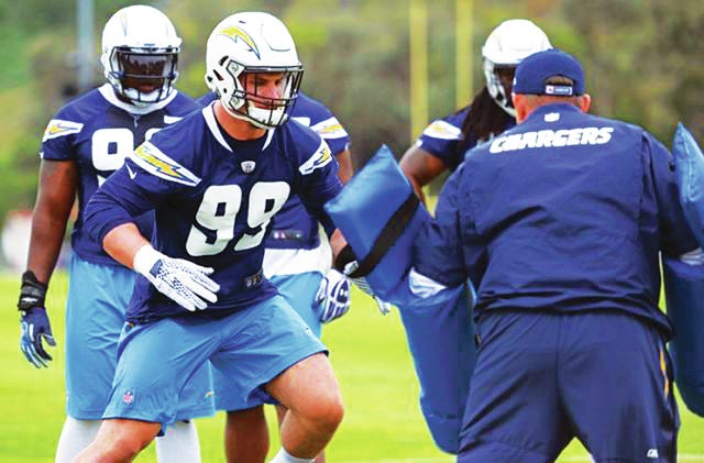 San Diego Chargers defensive end Joey Bosa (99) participates in a dril during rookie minicamp at Charger Park. (Jake Roth-USA TODAY Sports)