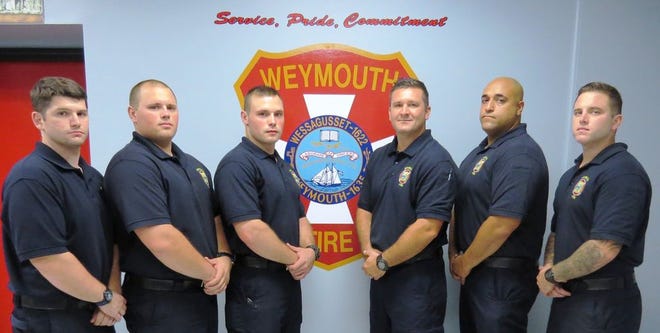 The Weymouth Fire Department has added six new recruits: (left to right) Nicholas Montoya, Nicholas Bocash, Douglas Bocash, Eric Murray, Benjamin Pina, Christopher Daugherty.