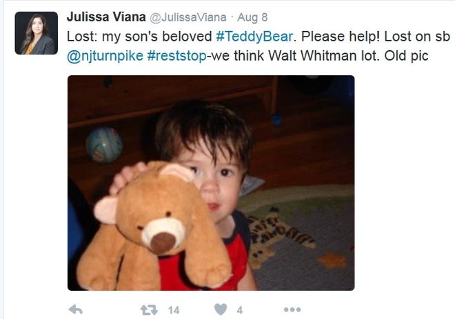 Twelve-year-old Alex Hernandez of New City, N.Y., holds the teddy bear he lost along The New Jersey Turnpike in this image from his mother's Twitter page. The Turnpike Authority is reuniting Alex with the bear. which was lost on a road trip to North Carolina with his parents. Twitter page of Julissa Viana