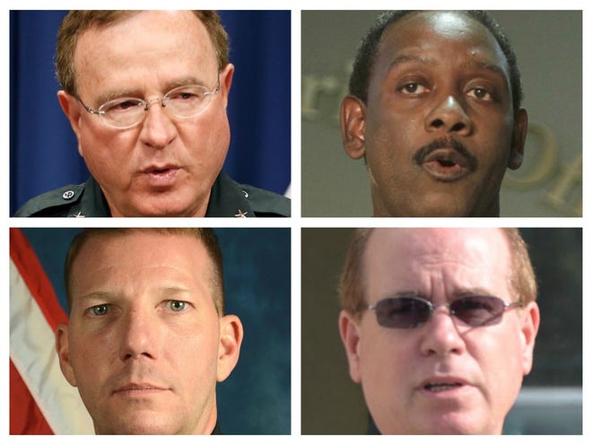 Clockwise from top left, Polk County Sheriff Grady Judd, Orange County Sheriff Jerry Demings, Flagler County Sheriff Jim Manfre and Charlotte County Sheriff Bill Prummell