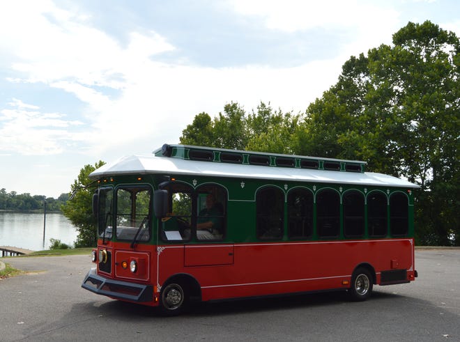 The Van Buren Advertising and Promotion Commission's trolley bus has been a popular addition to visitors and locals. The trolley is seen at Lee Creek Park by the Arkansas River on Wednesday. KENNETH FRY/PRESS-ARGUS COURIER