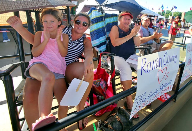 Brittany Randolph/The StarFrom left, Clary Graham, 8, Hillary Graham, Debbie White and Garrett White cheer for Rowan County as they take on San Mateo, Calif. in the American Legion World Series on Monday.
