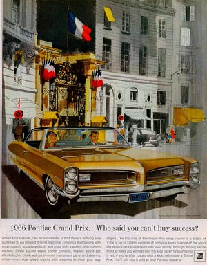 Here’s an advertisement for the 1966 Pontiac Grand Prix that Pontiac marketed as a personal luxury performance car loaded with amenities and choice of either 389 or 421 cubic inch V8 engines. Less than 37,000 were ever built in 1966 from a total Pontiac production of over 750,000 units. (Ad compliments of General Motors)