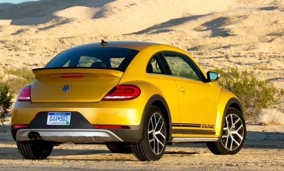 The Beetle Dune is a trim package meant to evoke classic VW-based off-road buggies of the 1960s and 70s, but stay on the pavement with this one. Prices start at about $24,000; a convertible model is due soon. This color is Sandstorm Yellow; Pure White and Deep Black Pearl are also available. (VW)