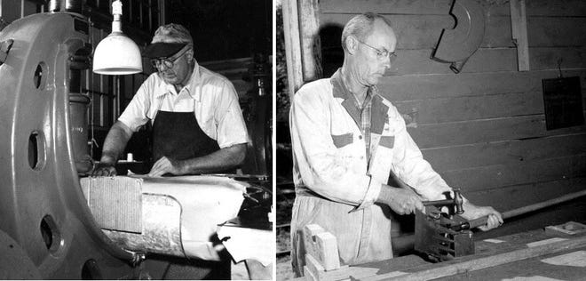 Volusia manufacturing in the mid-1940s: Tobin Thompson cutting leather at the Flamingo Shoe Company plant in Daytona Beach, Florida
Tobin Thompson cutting leather on clicker in the Flamingo Shoe Company plant, and an unnamed worker crafts a hoe at the Ranger Equipment Plant in DeLand. (Florida Archives)