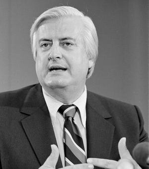 FILE - In this June 30, 1980, file photo, Rep. Henry Hyde, R-Ill., speaks to reporters in Washington, about the Supreme Court's decision that the federal government and individual states do not have to pay for abortions wanted by women on welfare. Hyde was one of the sponsors of a bill in Congress limiting spending of tax money to pay for abortions. The Hyde Amendment is now in the spotlight some 40 years after it was passed by Congress, emerging as an election issue in the national debate over abortion. First approved in 1976, and renewed annually ever since as part of the appropriations process, the amendment bans federal funding for Medicaid coverage of abortions, except in cases of rape or incest, or when a pregnancy endangers a women's life. (AP Photo/Charles Harrity, File)