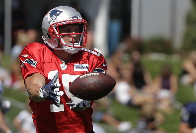 Wide receiver Chris Hogan makes a catch during a training camp practice earlier this month in Foxboro.