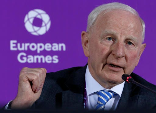 In this June 11, 2015 file photo, Patrick Hickey, the head of the European Olympic Committee speaks during a news conference on the eve of the opening of the 2015 European Games in Baku, Azerbaijan.