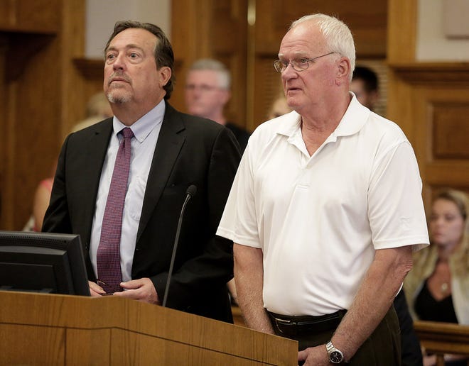 Alfred Crissey (right) enters a plea of guilty to aggravated theft for taking more than $180,000 over time from the Eagles in Massillon during a hearing Wednesday in Stark County Common Pleas Court. His attorney, Bradley Iams, is by his side. 

(IndeOnline.com / Kevin Whitlock)