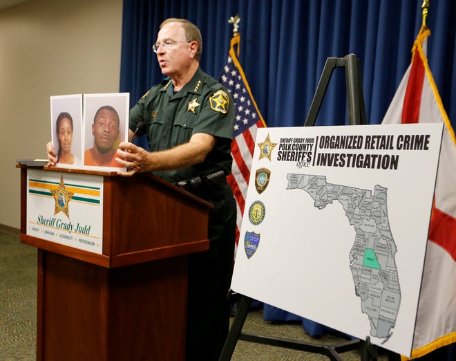 Polk Sheriff Grady Judd holds a press conference to announce that four people have been arrested on racketeering charges in connection to the thefts of $178,929 in electronics from dozens of Wal-Marts throughout the Southeast.