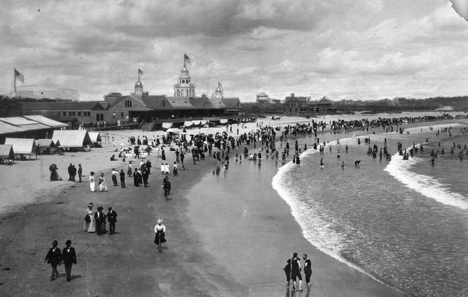 The Newport Casino and bathhouses are seen in an undated photo. Located at the upper end of the beach is a Spanish-style stucco building where dances were held. Providence Journal Files
