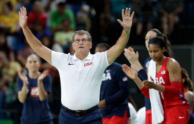 United States head coach Geno Auriemma reacts on the sidelines during a semifinal round basketball game against France at the 2016 Summer Olympics in Rio de Janeiro, Brazil, Thursday, Aug. 18, 2016. (AP Photo/Charlie Neibergall)