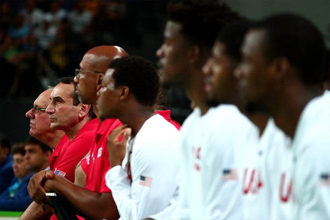 U.S. head coach Mike Krzyzewski watches the action against Argentina at Carioca Arena 1 during the Summer Olympics in Rio de Janeiro. The U.S. faces Serbia on Sunday in the gold-medal game.