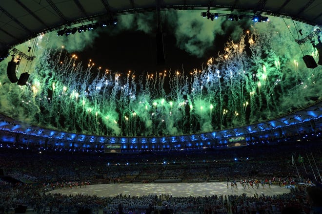 Fireworks light up the closing ceremony at the 2016 Summer Olympics in Rio de Janeiro, Sunday. AP Photo/Natacha Pisarenko