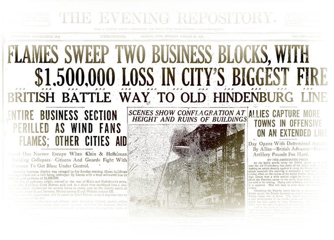 REPOSITORY FILE IMAGE

n News of the biggest downtown fire in Canton history to that time was blazed across the front page of The Evening Repository in 1918.