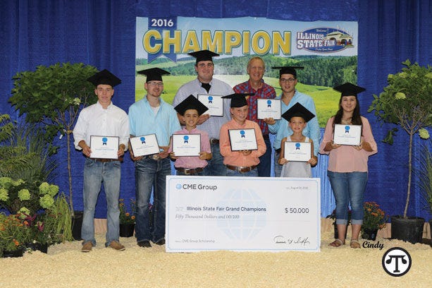 Grand champion and CME Group scholarship winners pictured here at the Illinois State Fair with Illinois Governor Bruce Rauner. (NAPS)