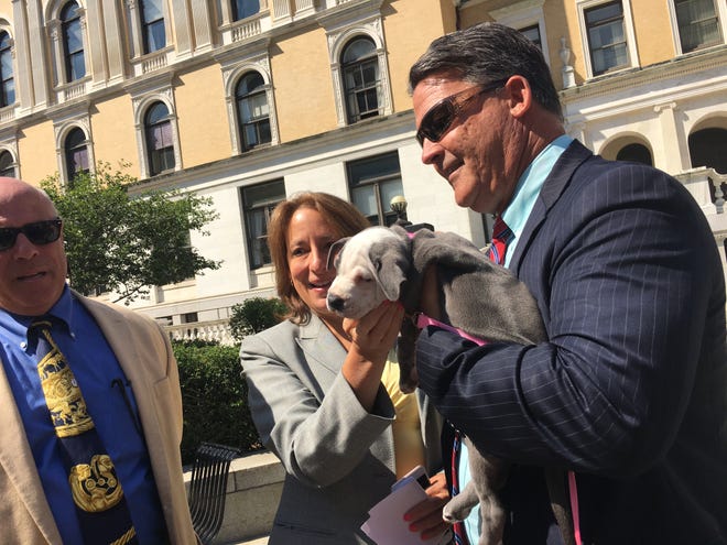 State Sen. Mark Montigny and friend at signing of animal protection bill. STATEHOUSE NEWS SERVICE