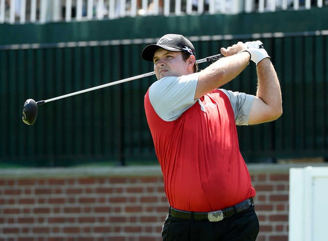 Patrick Reed tees off from the first hole during the second round of The Barclays on Friday.