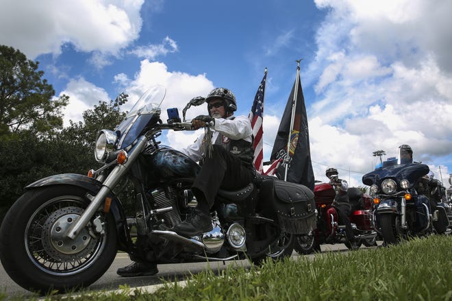 Kurt Morauer, a member of American Legion riders, prepares to escort a World War II monument alongside other bikers at the Veterans Memorial Park. The monument was moved to Forest Meadows East cemetery, where there will be more room for expansion. Andrea Cornejo/Correspondent