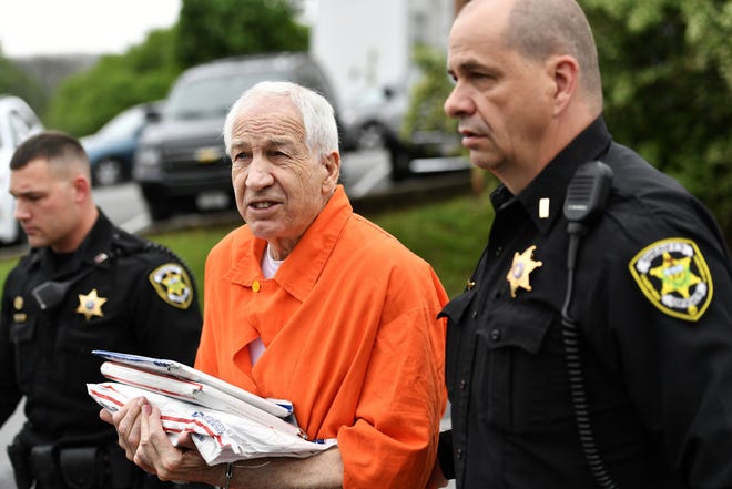 Former Penn State University assistant football coach Jerry Sandusky arrives at the Centre County Courthouse for arguments on his request for an evidentiary hearing in Bellefonte on Monday, May 2, 2016.