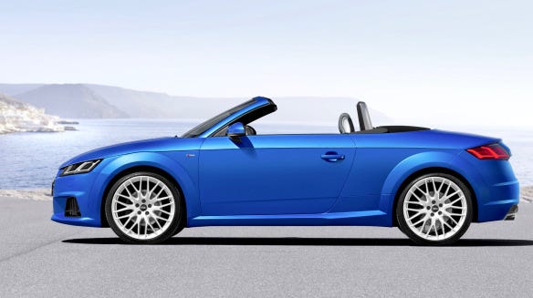 The 2016 models are the third generation of the Audi TT. Roadster prices start at $47,000; the coupe, with a fixed fastback roof, is priced $3,500 less. A six-speed dual-clutch automatic gearbox and quattro all-wheel drive are standard. The car still turns heads, if not how it did way back in 1998. (Audi)