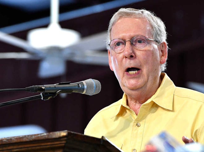 Senate Republican Leader Mitch McConnell of Ky., addresses the crowd gathered at the Fancy Farm Picnic, Saturday, Aug. 6, 2016 in Fancy Farm Ky. (AP Photo/Timothy D. Easley)