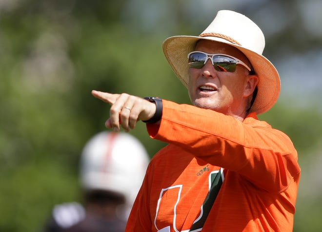 Miami coach Mark Richt shouts instructions during the team's practice in Coral Gables on Aug. 4. Richt’s team is looking at starting three true freshmen at linebacker in Saturday’s season-opener against Florida A&M.