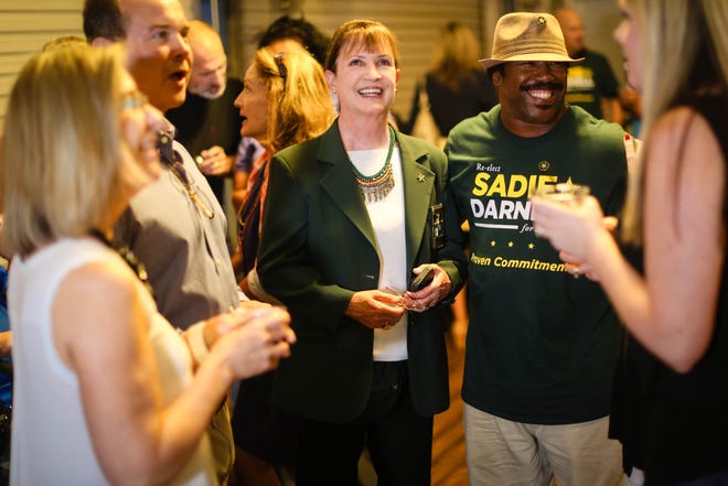 Sheriff Sadie Darnell watches numbers come in Tuesday night at The Warehouse, where she cruised to victory over rival Zac Zedalis in the Democratic primary. (Rob C. Witzel/Staff photographer)