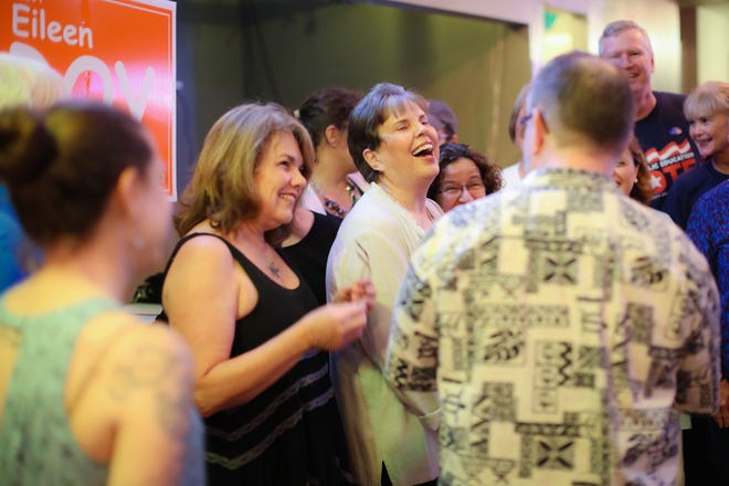 Incumbent Eileen Roy celebrates her victory Tuesday evening over Julian Kinsey in the School Board District 2 race. (Rob C. Witzel/Staff photographer)