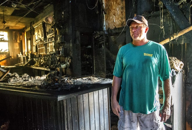 Fire Damaged Schoolhouse Turned Tavern, Floor Mounted Bar Stool Baseball Cap