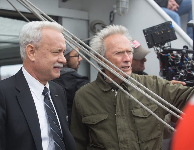 Clint Eastwood gives Tom Hanks an idea of what he wants on the set of “Sully.” (FilmNation Entertainment)