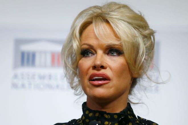 FILE - In this Jan. 19, 2016, file photo, Pamela Anderson delivers her speech during a news conference at the French National Assembly to protest the force-feeding of geese used in the production of foie gras, in Paris. The former Playboy model teamed with Rabbi Shumley Boteach to speak out against pornography in an op-ed published online by The Wall Street Journal Wednesday, Aug. 31, 2016, (AP Photo/Francois Mori, File)