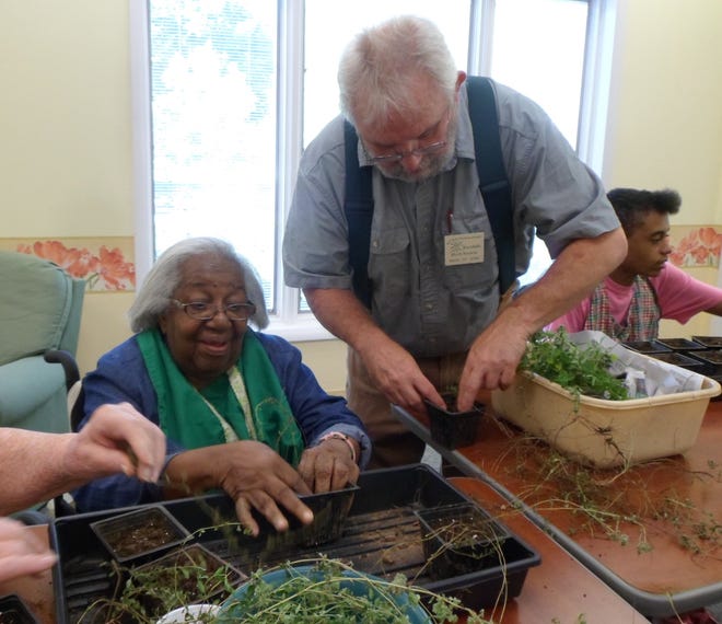 Mark St. John, right, with the Foothills Herb Society and a participant from the Life Enrichment Center in Kings Mountain during a program on propagating herbs. Photo courtesy of Beth Bruno.