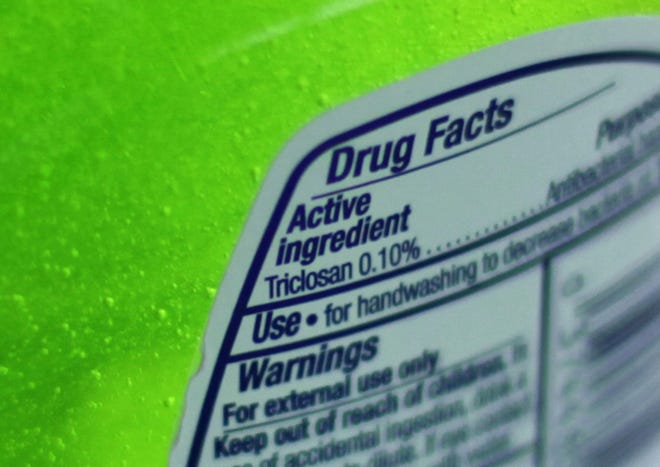 The label on a bottle of antibacterial soap. (AP Photo)