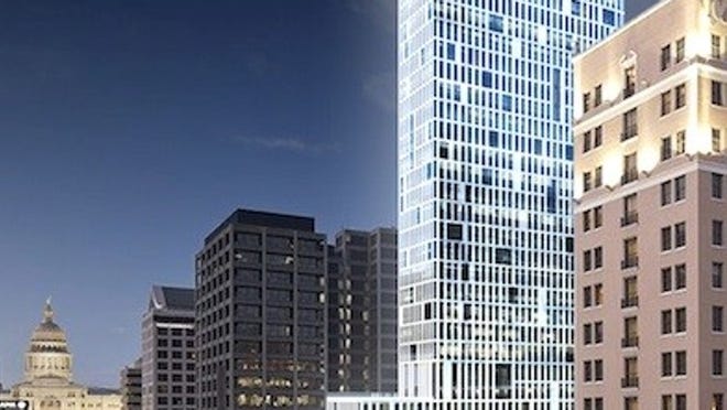 An artist’s rendering shows the The Avenue, a proposed 30-story tower at Eighth Street and Congress Avenue in downtown Austin. The tower would have 135 luxury apartments, office space, a restaurant and a bar. It won’t include a parking garage or any space for auto parking, its developers say. (Credit: Nelsen Partners)