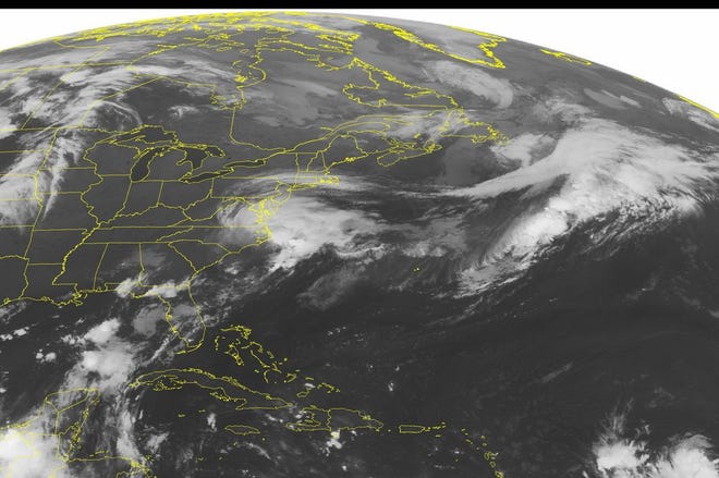 This NOAA satellite image taken Saturday, Sept. 3, 2016 at 12:45 a.m. shows Tropical Storm Hermine over coastal Carolina and Virginia. Hermine is moving east-northeast at 21 mph hour and will bring heavy rain and high surf to East Coast states.