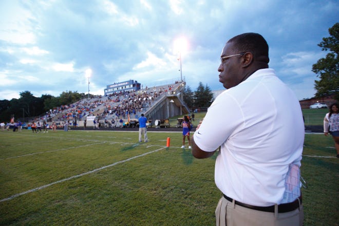 Cedar Shoals coach Leroy Ryals looks on before the start of a GHSA high school football game between the Cedar Shoal's Jaguars and the Discovery Titans in Athens, Ga., on Friday, August 26, 2016. (Joshua L. Jones for the Athens Banner-Herald)
