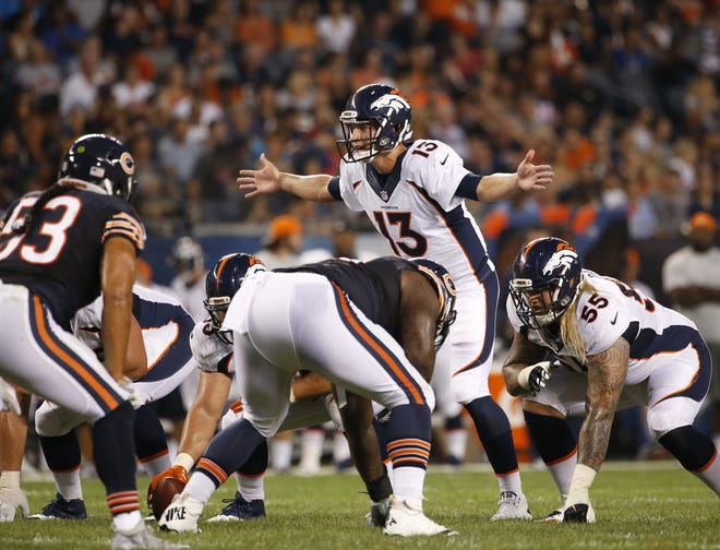 Denver Broncos quarterback Trevor Siemian (13) calls a play at the line of scrimmage during the first half of an NFL preseason football game last month against the Chicago Bears in Chicago. ASSOCIATED PRESS FILE
