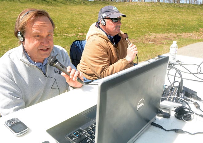 Bulletin sports editor Marc Allard, left, does a live broadcast of the Plainfield vs. Griswold baseball game with former Plainfield baseball coach John Schiffner in April. John Wilbur will join Allard for broadcasts this football season. File/ NorwichBulletin.com