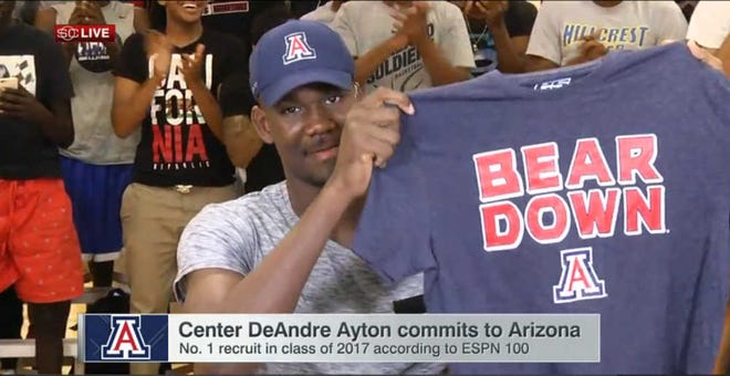 ESPN's top-ranked 2017 recruit, DeAndre Ayton, announced via SportsCenter on Tuesday that he will play college basketball at Arizona.