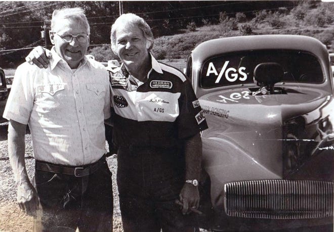 Jack Kulp, left, and close friend K.S. Pittman, take time for a quick photo at a match race against Stone Woods & Cook at Maple Grove Raceway, mid-1990s. K.S. Pittman used Jack Kulp’s garage as his “east coast shop” when he came east from his native California to race. (Greg Zyla photo)