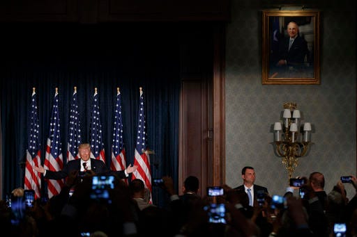 Republican presidential candidate Donald Trump speaks about national security Wednesday, Sept. 7, 2016, at the Union League in Philadelphia. (AP Photo/Evan Vucci)