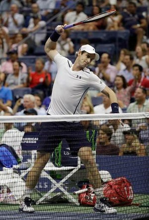 Andy Murray, of the United Kingdom, reacts during the fifth set of his match with Kei Nishikori, of Japan, during the quarterfinals of the U.S. Open tennis tournament, Wednesday, Sept. 7, 2016, in New York. (AP Photo/Julio Cortez)
