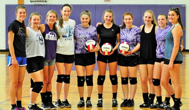 The first-year Marshwood High School varsity volleyball team includes, from left, Marissa Sewell, Lily Clough, Amelia Rowell, Inga Carlton, Sarah MacDonald, Ilanah Sandler, Abby Steinhauer, Jenn Gray, Julia Smith and Kasey Davis. Missing from photo are Sydney Page and Alicia Richards. Mike Whaley/Fosters.com