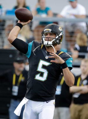 Jacksonville Jaguars quarterback Blake Bortles throws a pass before a preseason game against the Cincinnati Bengals on Aug. 28 in Jacksonville. Bortles and the Jaguars host the Green Bay Packers on Sunday.