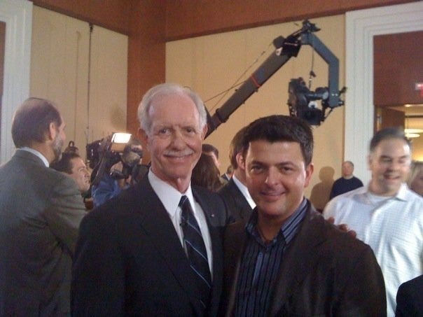 Captain Chesley 'Sully' Sullenberger, right, and Gardner-Webb graduate Ben Bostic pose for a photo. Bostic was a passenger on U.S. Airways Flight 1549 on Jan. 15, 2009, when Sullenberger famously landed the plane into the Hudson River due to an emergency. Photo courtesy of Ben Bostic